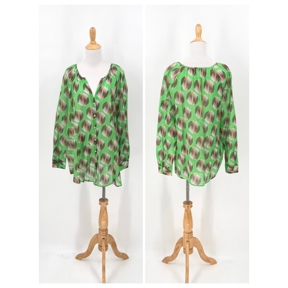 0039 Italy Blouse Women Large Green Geometric Button Up Long Sleeve Cotton